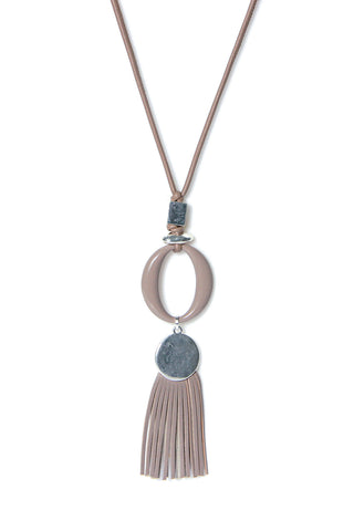 Long necklace with suede fringe on a oval design