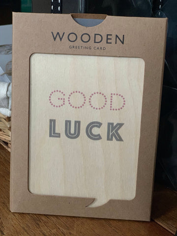 Wooden post card in Envelope. Good Luck